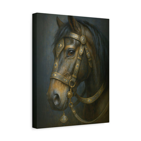 A rectangular, vertical matte canvas print depicting a classical, painterly portrait of a horse's head in profile. The horse is a deep, dark brown with a flowing black mane. It is adorned with an ornate and intricate bridle made of dark leather and burnished gold metal plates, featuring detailed scrollwork. A small, eye-shaped charm with a blue center dangles from the bridle near the horse's cheek. The lighting is dramatic chiaroscuro, with a soft light illuminating the horse's face.